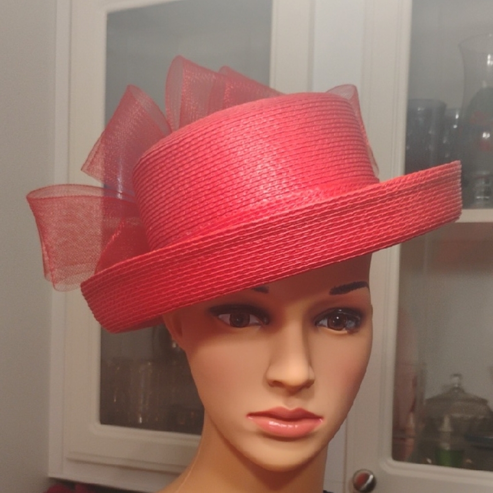 Elegant Women's Red Straw Cocktail Hat with Bow